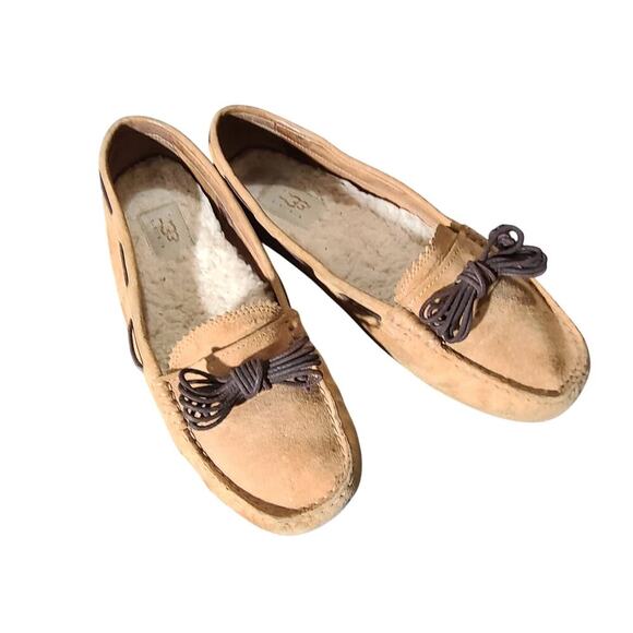 UGG‎ Womens 9 Meena Shearling Suede Leather Driving Shoes Mocassins Slippers - Picture 1 of 9